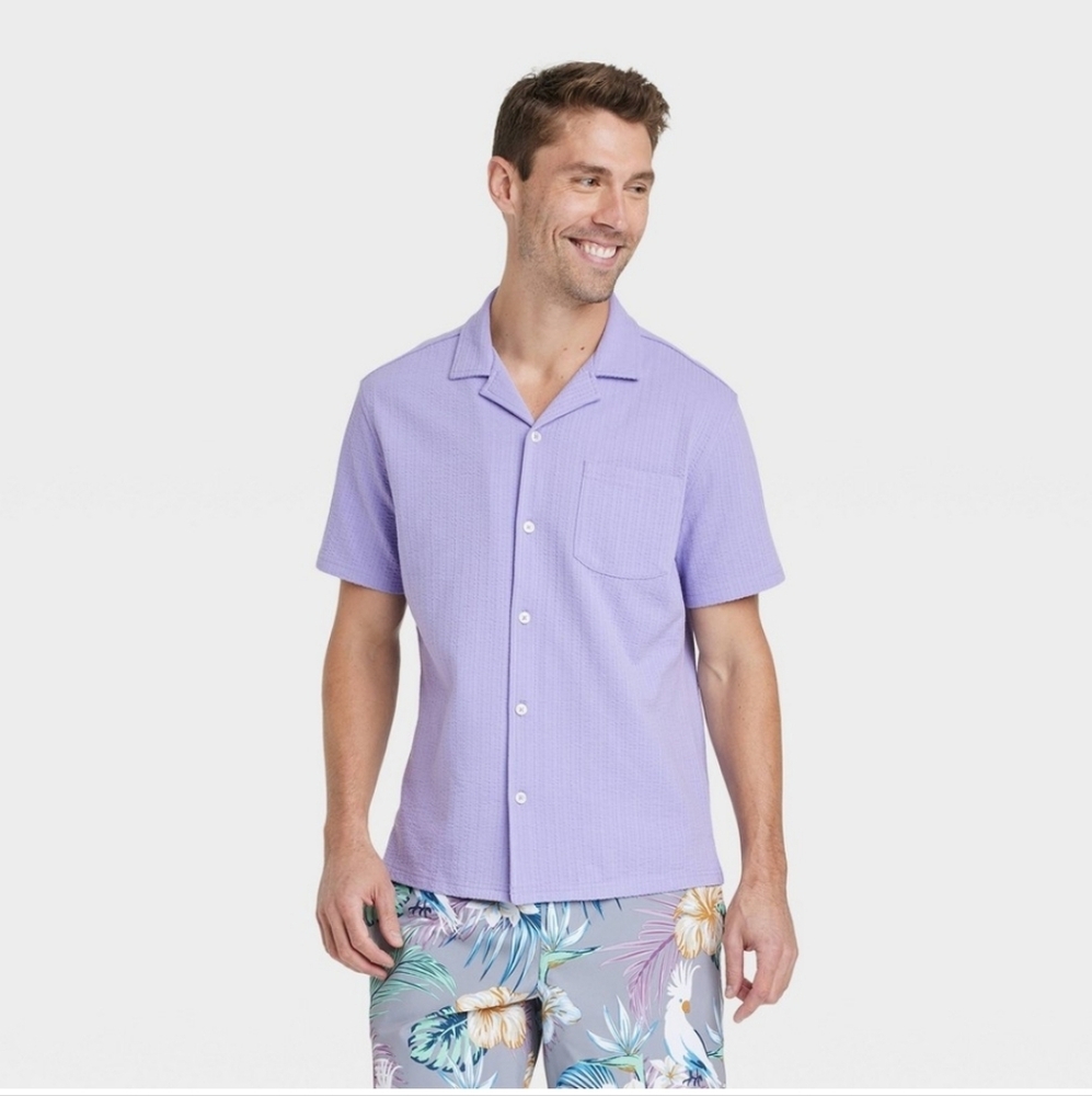 Men's Short Sleeve V-Neck Button-Down Shirt - Goodfellow & Co Plum Purple XXL